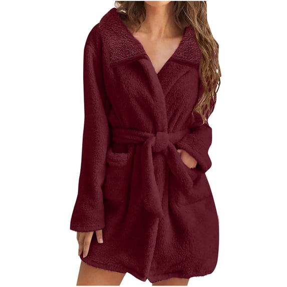 Lovskoo Womens Fleece Robe Warm Soft Solid Color Flannel Bathrobes for Winter Thicker House Coat with Pockets Claret