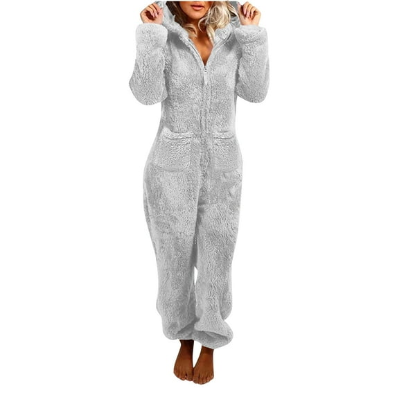 Lovskoo Women Fleece Onesie Long Sleeve Hooded Jumpsuit Pajamas Casual Winter Warm Sleepwear One Piece Zipper Hooded Loungewear A-Gray