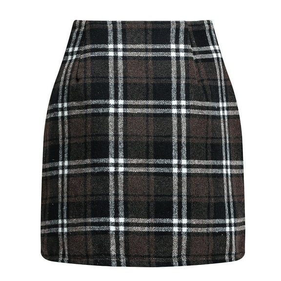 Lovskoo 2024 Plaid Skirts for Women Casual Vintage High Waist Bodycon Pencil Wool Mini Skirts Coffee