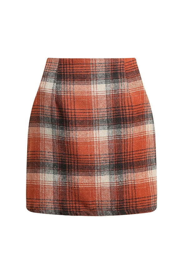 2024 Plaid Skirts for Women Casual Retro High Waist Bodycon Pencil Wool Mini Skirts Orange