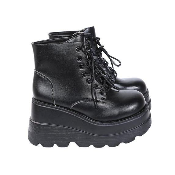 Lovskoo 2024 Platform Boots for Women Leather Round Toe Vintage Flat Wedding Dress Shoes Casual Large Size Lace Up Ankle Booties Black