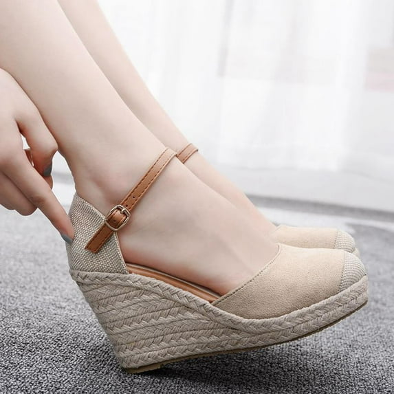 Lovskoo 2024 Platform Sandals Women Round Toe Buckle Ankle Strap Wedges Sandals Summer Wedge Heel Strap Walking Sandals Casual Shoes Beige