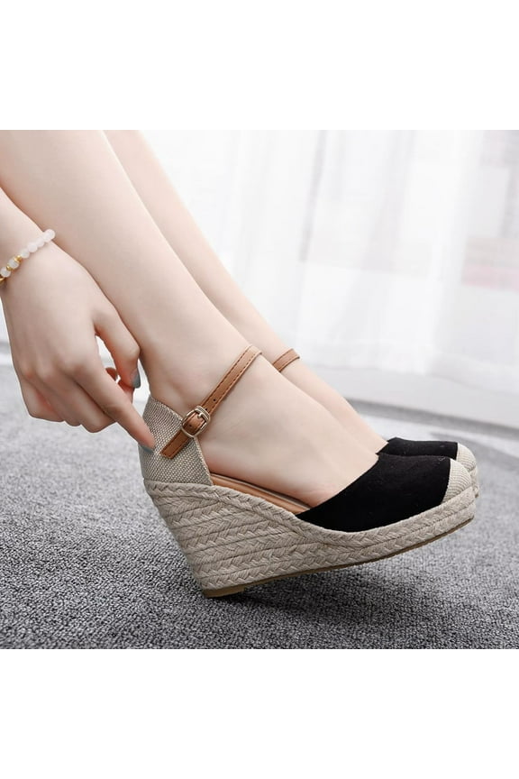 2024 Platform Sandals Women Round Toe Buckle Ankle Strap Wedges Sandals Summer Wedge Heel Strap Walking Sandals Casual Shoes Black