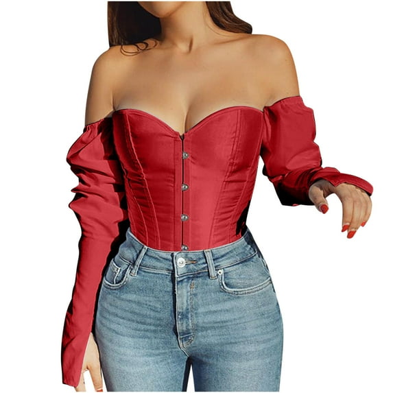 Lovskoo 2024 Plus Size Corset Tops for Women Steampunk Renaissance Corset Long Sleeve Outfit Trendy Boned Corsets Solid Shapewear Halloween Corset Red