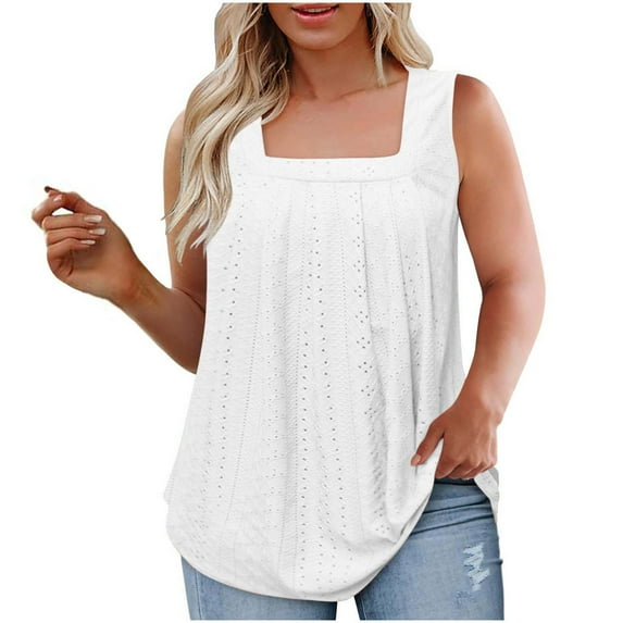 Lovskoo 2024 Plus Size Tank Tops for Women Square Neck Camisoles Boho Summer Beach Tank Tops Sleeveless T Shirts Flowy Eyelet Embroidery Tunics Tee White 2XL