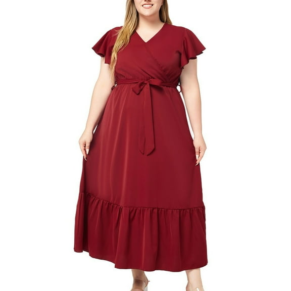 Lovskoo 2024 Plus Size Womens Boho Summer Dress Solid Color Casual Wrap V Neck Short Sleeve Belted Beach Bohemian Maxi Dress Red 2XL