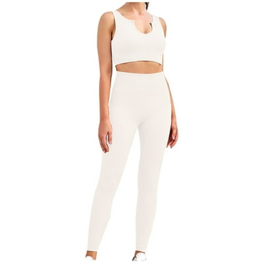 Lovskoo 2024 Ribbed Workout Set for Women 2 Pieces Outfits Seamless Yoga Leggings with Sports Bra Crop Tank Top Gym Sets Matching Sets Beige L