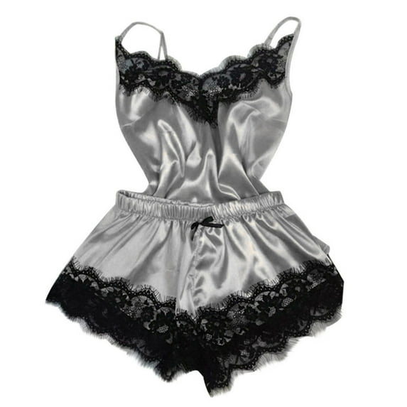 Lovskoo 2024 Satin Pajamas for Women Shorts Set Spaghetti Strap Loungewear Trendy Lace Temptation Underwear Nightdress Halter Top Shorts Two Piece Set Sleepwear Silver