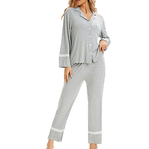 Lovskoo Soft Sleepwear Womens Pajama Sets Knitted Cotton Loose Lace Patchwork Button Down Home Suit Long Sleeve Pants Sleepwear Set Gray