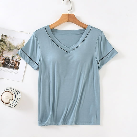 Lovskoo Women's Crew Neck Model Pajamas Tops With Padded Short Sleeve Thin Soft Comfy Home Pajamas Top Light Blue XL