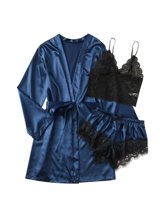 Satin Pajamas for Women Two Piece Silk Pajamas Nightdress Sleepwear Robes Underwear Sleepwear Blue