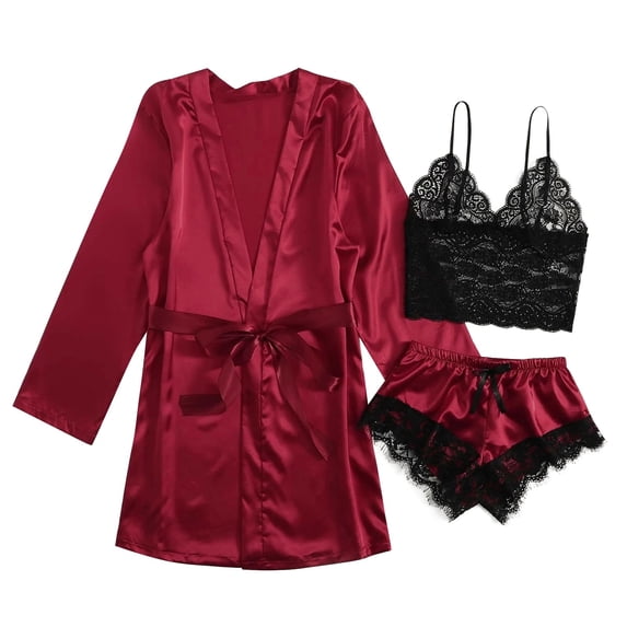 Lovskoo 2024 Satin Pajamas for Women Two Piece Silk Pajamas Nightdress Sleepwear Robes Underwear Sleepwear Burgundy