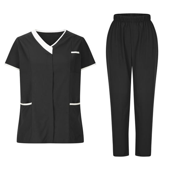 Lovskoo 2024 Scrubs Sets for Women Nurse Scrub Uniform Top and Jogger Pant Work V-Neck Short Sleeved Suit 2 Piece Outfits Black S