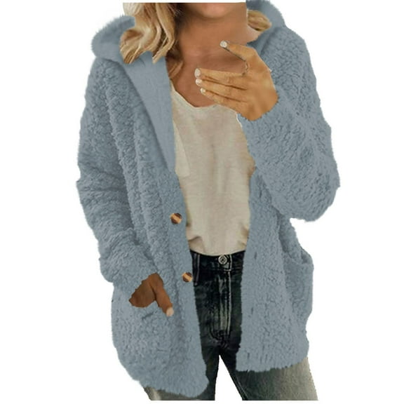 Lovskoo Winter Coats for Women Hooded Fuzzy Fleece Sweater Coat Warm Wool Zipper Coat Long Sleeve Outwear B-Blue