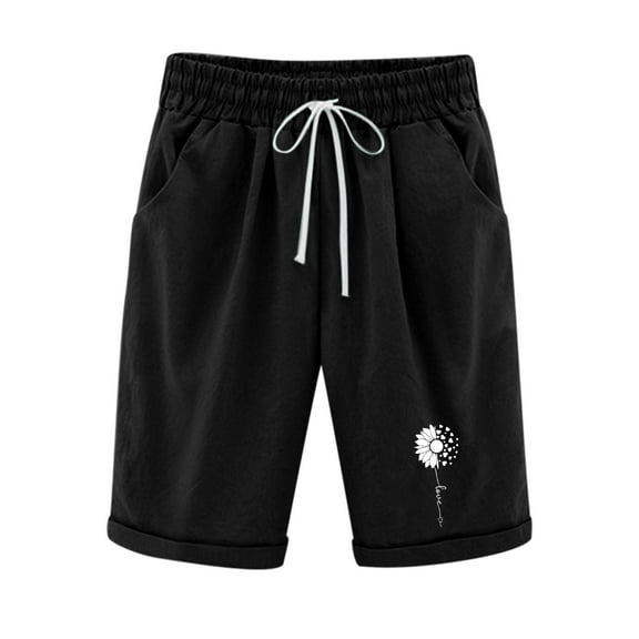 Lovskoo 2024 Shorts for Women Solid Color Cotton Linen Trendy Printed Elastic Waist Pants Drawstring Shorts Black 2XL