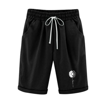 Lovskoo 2024 Shorts for Women Solid Color Cotton Linen Trendy Printed Elastic Waist Pants Drawstring Shorts Black M