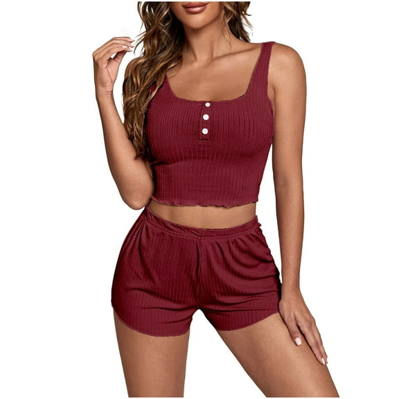 Lovskoo 2024 Small Flying Sleeves Suspender Pajamas Women's Strip Suspender Shorts European And American Style Border Red-L