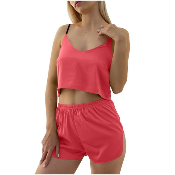 Lovskoo 2024 Small Flying Sleeves Suspender Pajamas Women's Strip Suspender Shorts European And USA Style Border Red-XL