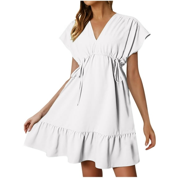 Lovskoo 2024 Spring Dresses for Women 2024 Dresses Short Sleeve V Neck Drawstring Casual Ruffle A-Line Mini Dress White