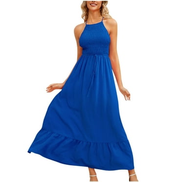 Lovskoo 2024 Spring Dresses for Women 2024 Trendy Casual Solid Color Sleeveless Round-Neck Ankle Dress Blue-M