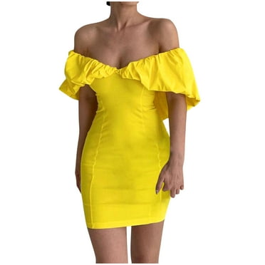 Lovskoo 2024 Spring Dresses for Women 2024 Trendy Off Shoulder Dresses Casual Short Sleeve Off-The-Shoulder Comfy Solid Dress Yellow-M