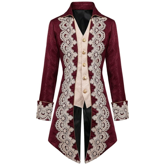 Lovskoo 2024 Steampunk Gothic Jacket Vintage Tailcoat Medieval Frock Coat High Collar Pirate Jacket Long Sleeve Halloween Cosplay Tuxedo Renaissance Costume for Men Claret