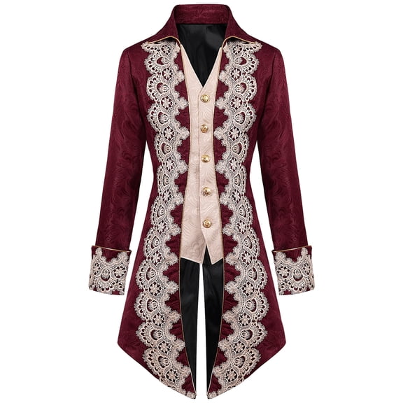 Lovskoo 2024 Steampunk Gothic Jacket Vintage Tailcoat Medieval Frock Coat High Collar Pirate Jacket Long Sleeve Halloween Cosplay Tuxedo Renaissance Costume for Men Claret