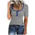 thumbnail image 1 of Lovskoo 2024 Striped Shirt Women Summer Tops Casual Scoop Neck Short Sleeve Color Block Trendy Pullover Button Up T Shirts Blouse Black 2XL, 1 of 4