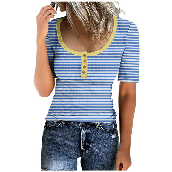 Lovskoo 2024 Striped Shirt Women Summer Tops Casual Scoop Neck Short Sleeve Color Block Trendy Pullover Button Up T Shirts Blouse Sky Blue L