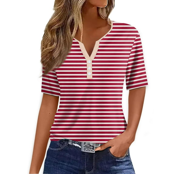 Lovskoo 2024 Striped Shirt Women Summer Tops Casual V Neck Short Sleeve Color Block Trendy Button Up Pullover T Shirts Blouse Red M