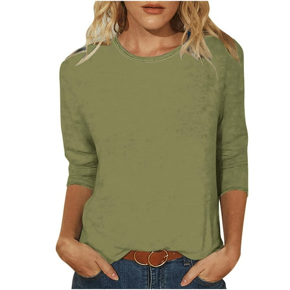 Lovskoo 2024 Summer 3/4 Length Sleeve Womens Tops Trendy Casual Round Neck Solid Color Loose Tops Blouse Olive Green S