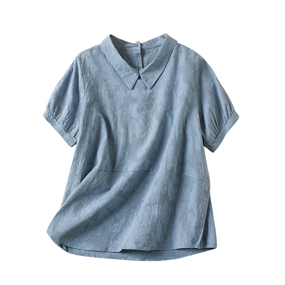 Lovskoo 2024 Summer Cotton Linen Tops for Women Short Sleeve Doll Collar V Neck Solid Color Loose Cute Tops for Women Blue 2XL