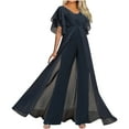 thumbnail image 1 of Lovskoo 2024 Summer Elegant Jumpsuits for Women V Neck Casual Ruffle Sleeve Elastic Waist High Waist Playsuits One Piece Jumpsuit Wide Leg Pants Suit Navy, 1 of 5