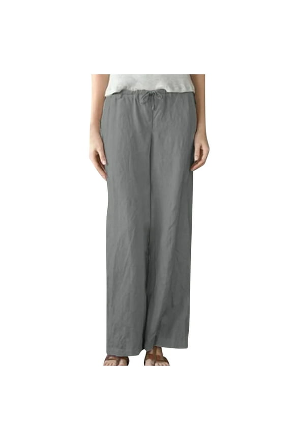 2024 Summer Pants for Women Cotton Linen Pants Palazzo Solid Color Spring Elastic Waist Drawstring Straight Leg Casual Wide Leg Pants Gray 2XL