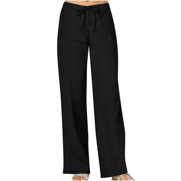 Lovskoo 2024 Summer Pants for Women Cotton Linen Pants Palazzo Solid Color Spring Elastic Waist Drawstring Straight Leg Casual Wide Leg Pants Black XL