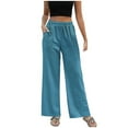 thumbnail image 1 of Lovskoo 2024 Summer Pants for Women Cotton Linen Pants Palazzo Solid Color Trendy Loose Drawstring Elastic Waist Casual Wide Leg Trousers Blue L, 1 of 1