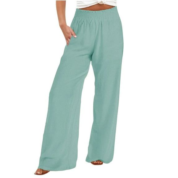 Lovskoo 2024 Summer Pants for Women Cotton Linen Pants Solid Color Loose Wide Leg Pants High Waist Straight Leg Pants Casual Pants Green L