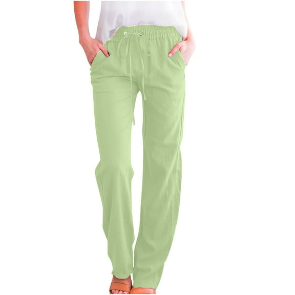 Lovskoo 2024 Summer Pants for Women Cotton Linen Pants Solid Color Trendy Casual Elastic Loose Pants Straight Wide Leg Trousers Pants Green 3XL