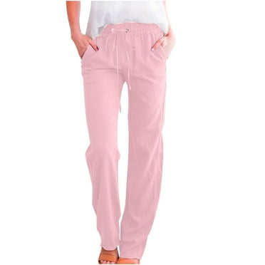 Lovskoo 2024 Summer Pants for Women Cotton Linen Pants Solid Color Trendy Casual Elastic Loose Pants Straight Wide Leg Trousers Pants Pink XL
