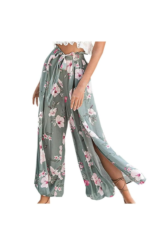 2024 Summer Pants for Women Palazzo Floral Print Casual Wide Leg High Waist Side Split Loose Pants Green L