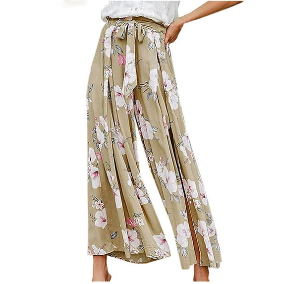 Lovskoo 2024 Summer Pants for Women Palazzo Floral Print Casual Wide Leg High Waist Side Split Loose Pants Yellow 2XL