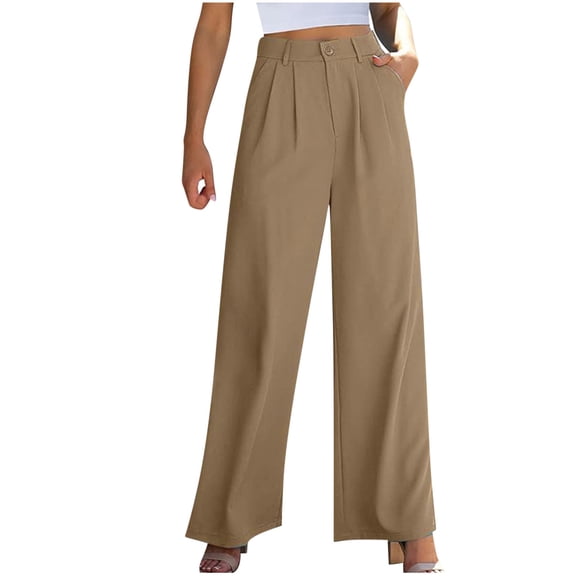 Lovskoo 2024 Summer Pants for Women Palazzo Solid Color Trendy Elastic Waist Casual High Waist Loose Wide Leg Suit Pants Khaki L