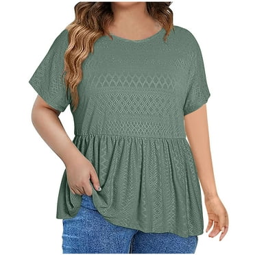 Lovskoo 2024 Summer Peplum Tops for Women Trendy Plus Size Short Sleeve V Neck Eyelet Shirts Solid Color Oversized T-Shirt Top Green 5XL