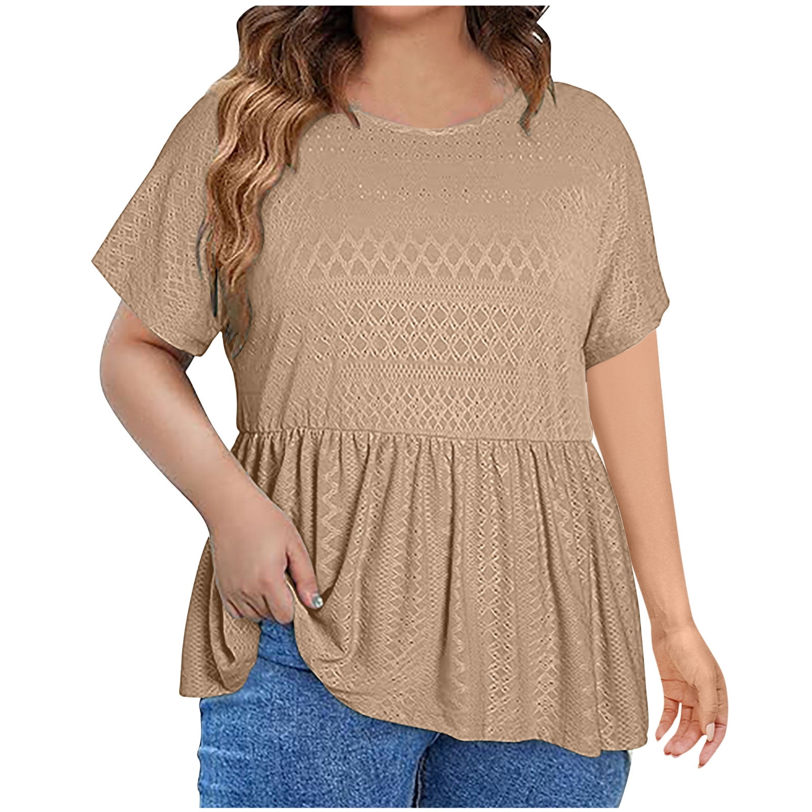 Lovskoo 2024 Summer Peplum Tops for Women Trendy Plus Size Short Sleeve V Neck Eyelet Shirts Solid Color Oversized T Shirt Top Khaki L