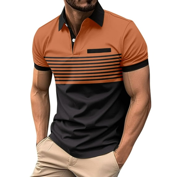 Lovskoo 2024 Summer Short Sleeve Shirts for Men Button Front Lapel Collared Turn-Down Collar Top Stripe Color Block Sports Top Business Dress Shirt Orange 2XL