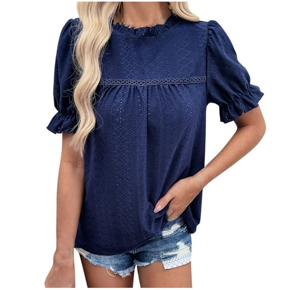 Lovskoo 2024 Summer Short Sleeve Shirts for Women Loose Crochet Eyelet Top T Shirt Ruffle Mock Neck Puff Sleeve Tunic Blouse Hollow Out Work Tops Casual Embroidery Blouse Navy L