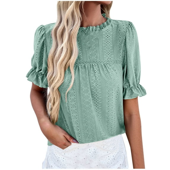 Lovskoo 2024 Summer Short Sleeve Shirts for Women Loose Crochet Eyelet Top T Shirt Ruffle Mock Neck Puff Sleeve Tunic Blouse Hollow Out Work Tops Casual Embroidery Blouse Green S