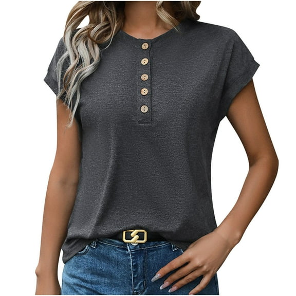 Lovskoo 2024 Summer Tops Womens Fashion Short Sleeve Round Neck Solid Color Casual Pullover Button Up Top Shirts for Women Dark Gray L