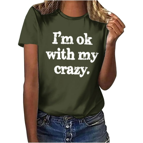 Lovskoo 2024 Summer Tops Womens Fashion Short Sleeve Round Neck Trendy Printed T-Shirt Casual Loose Shirt Tops Olive Green 2XL