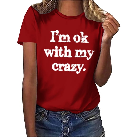 Lovskoo 2024 Summer Tops Womens Fashion Short Sleeve Round Neck Trendy Printed T-Shirt Casual Loose Shirt Tops Red S